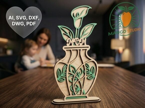 3D Multilayer MOM Flower Vase SVG for Laser Cutting and Mother S Day