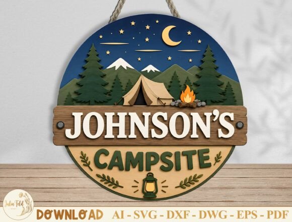 Family Camping Door Hanger Laser Cut SVG