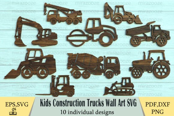 Kids Construction Trucks Wall Art SVG for Laser Cutting